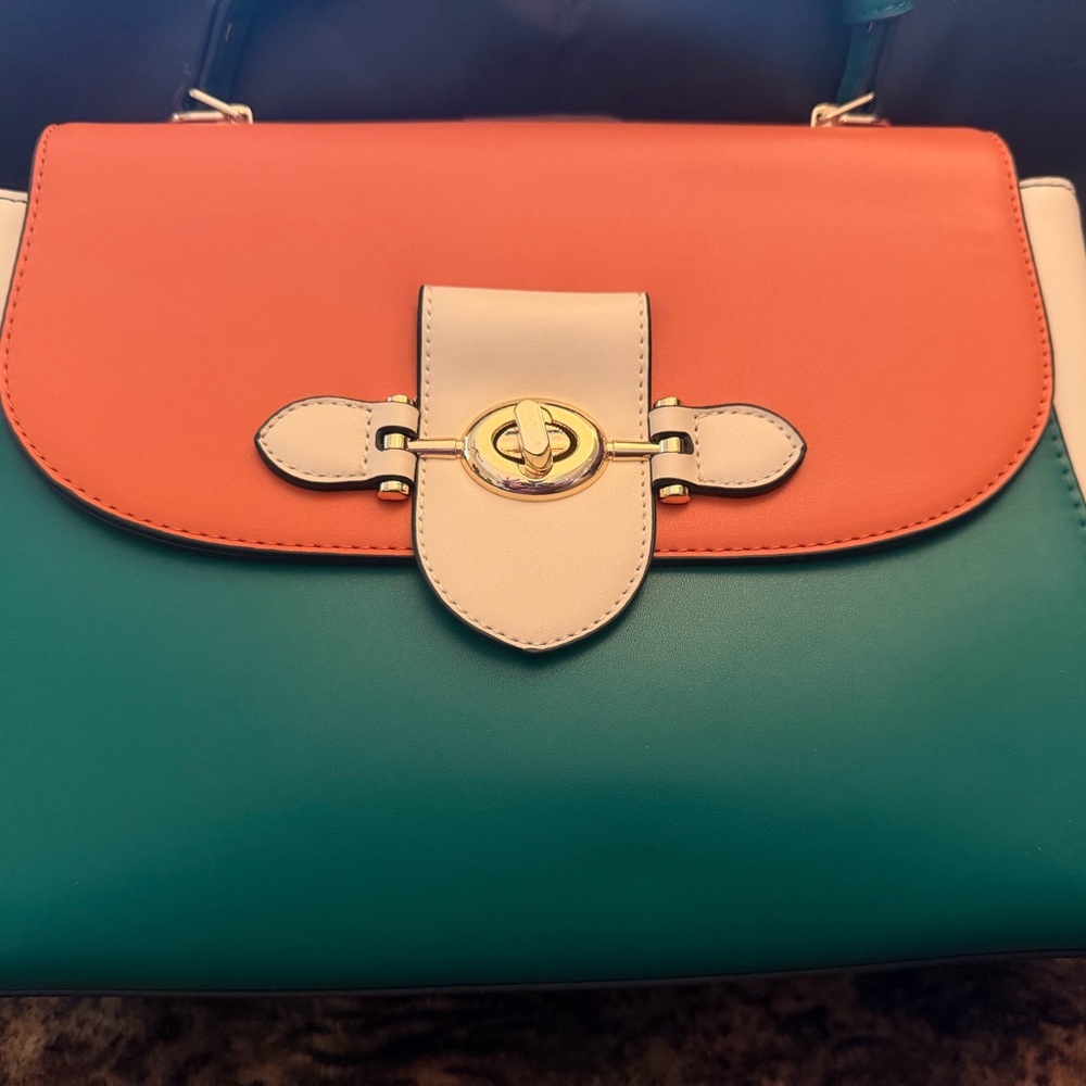 Colorblock Teal and Coral Structured Satchel - Unbranded